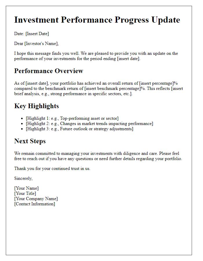 Letter template of investment performance progress update