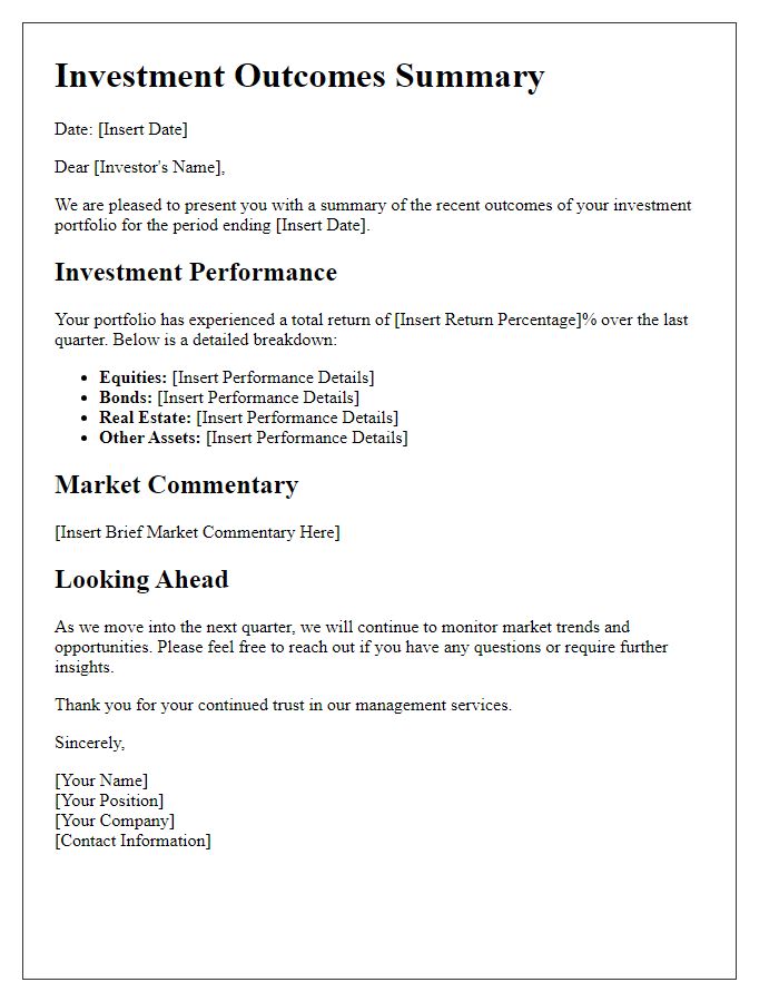 Letter template of recent investment outcomes summary