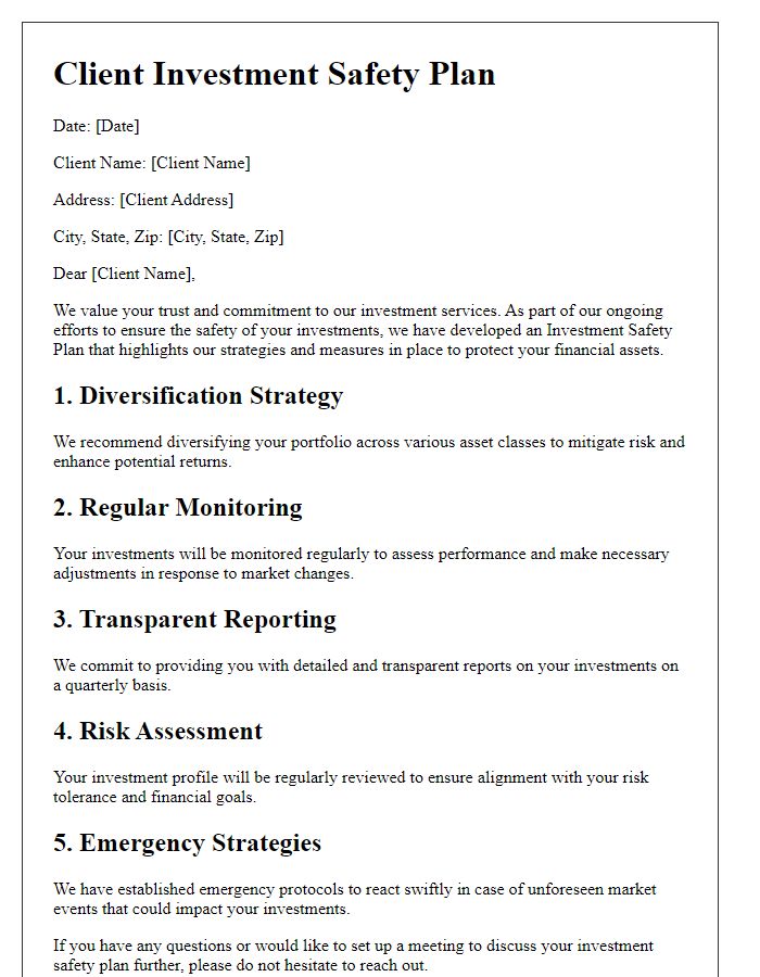 Letter template of client investment safety plan