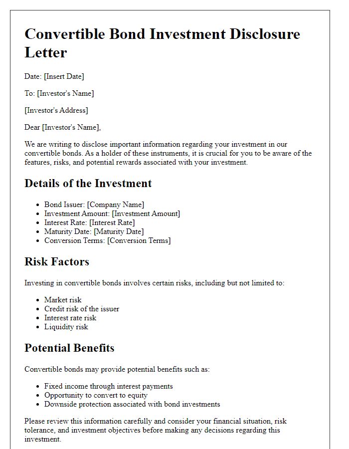 Letter template of convertible bond investment disclosure