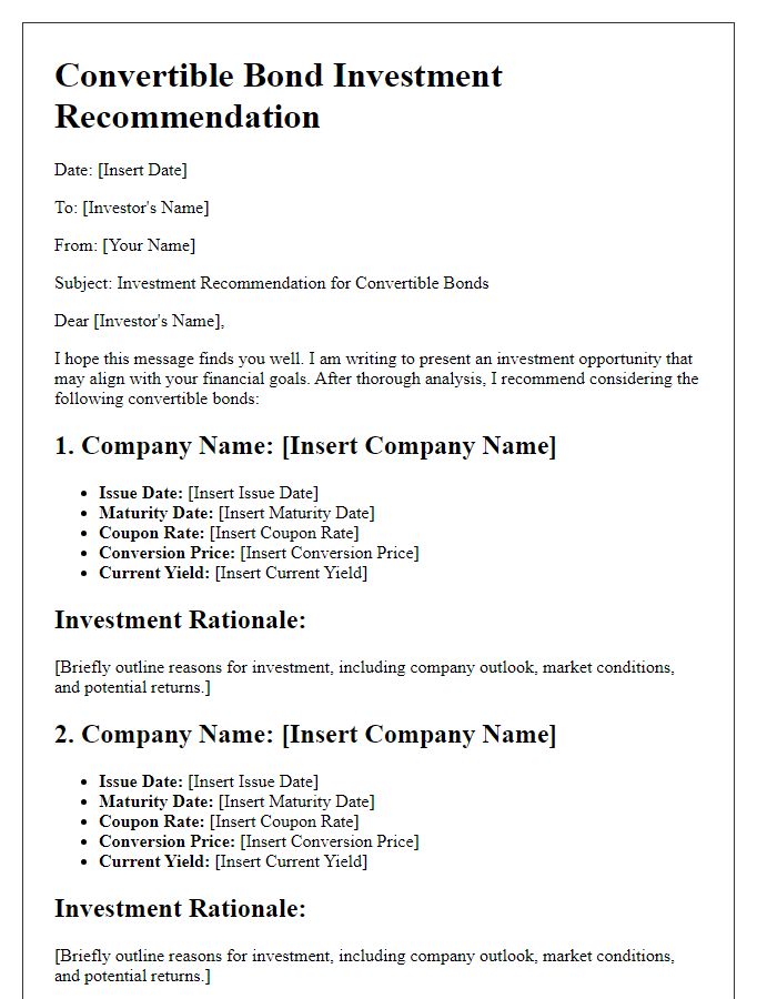 Letter template of convertible bond investment recommendations