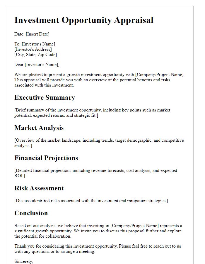 Letter template of growth investment opportunity appraisal