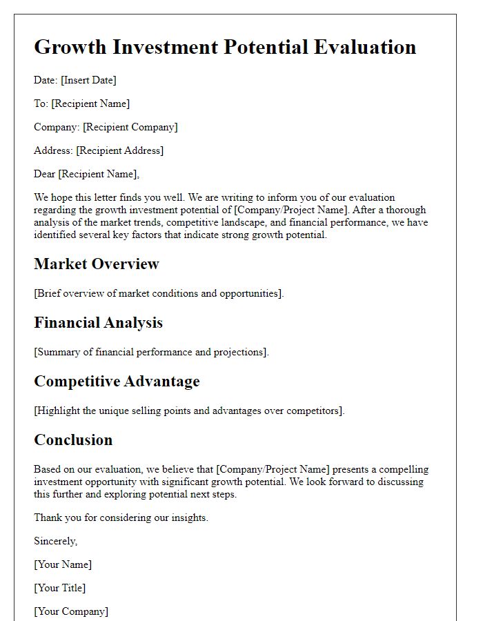 Letter template of growth investment potential evaluation