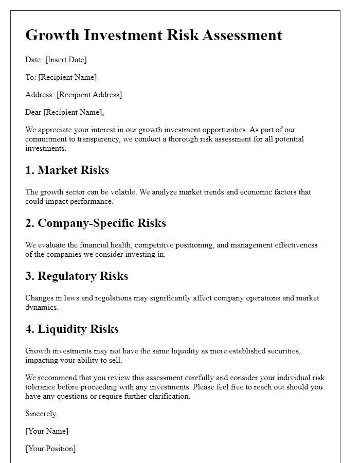 Letter template of growth investment risk assessment