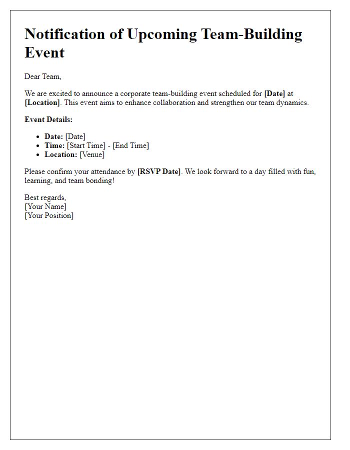 Letter template of notification for corporate team-building event