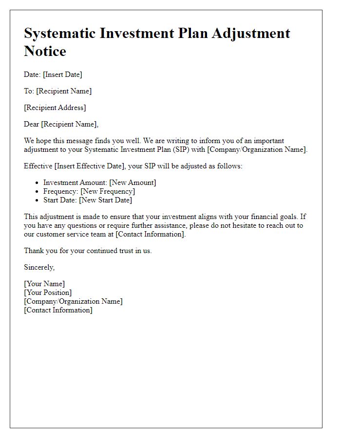 Letter template of systematic investment plan adjustment notice