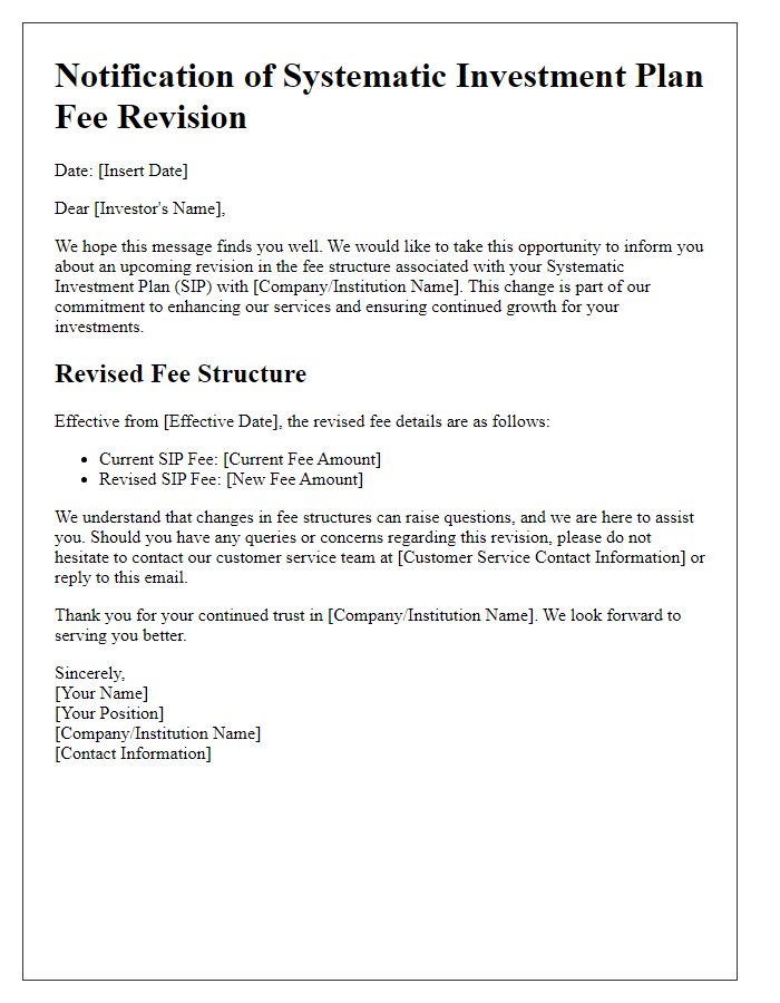 Letter template of systematic investment plan fee revision