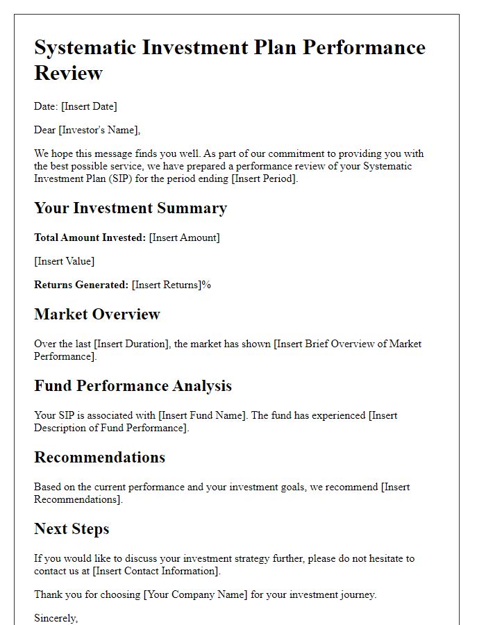 Letter template of systematic investment plan performance review