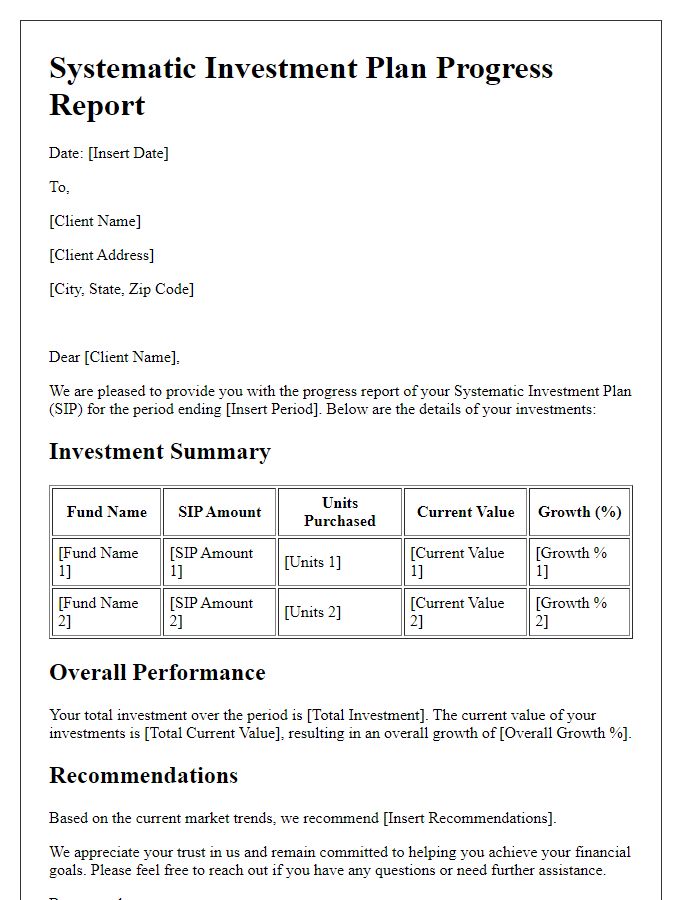 Letter template of systematic investment plan progress report