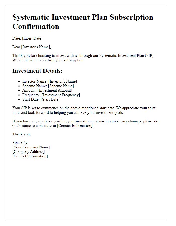 Letter template of systematic investment plan subscription confirmation