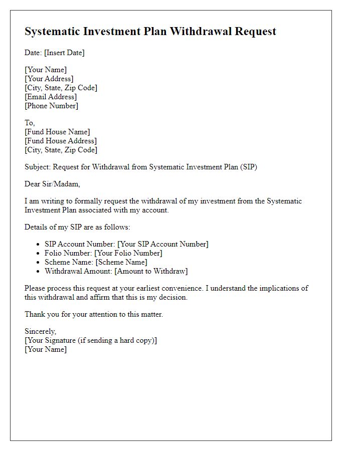 Letter template of systematic investment plan withdrawal request