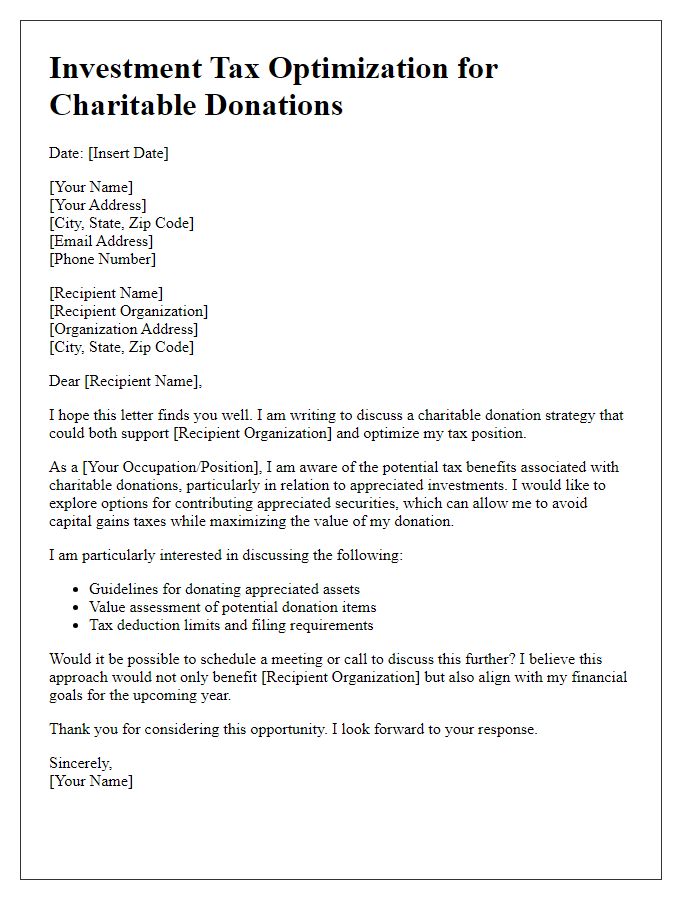 Letter template of investment tax optimization for charitable donations.