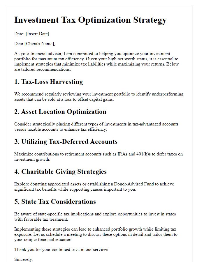 Letter template of investment tax optimization for high net worth individuals.