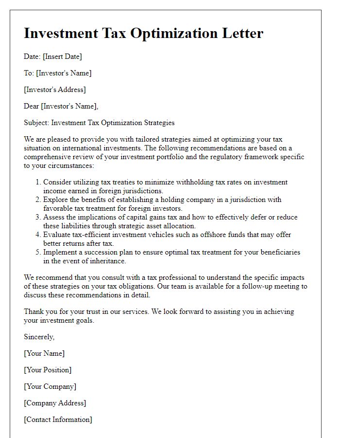 Letter template of investment tax optimization for international investors.