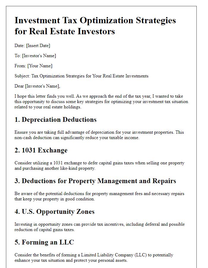 Letter template of investment tax optimization for real estate investors.