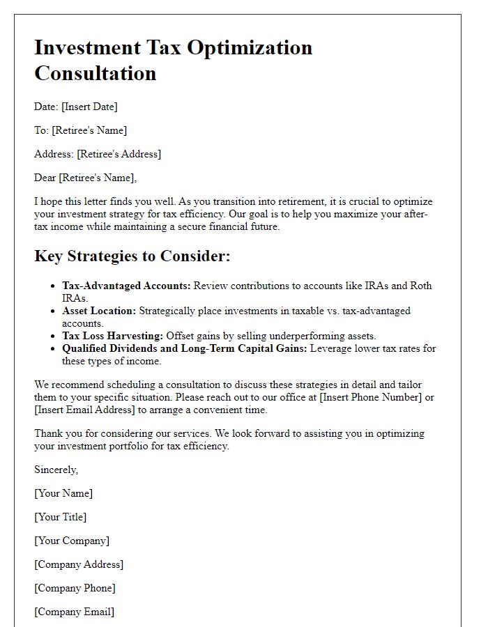 Letter template of investment tax optimization for retirees.