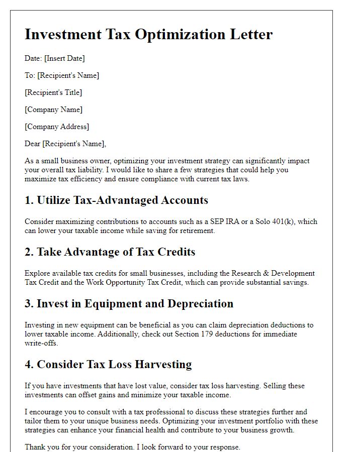 Letter template of investment tax optimization for small business owners.