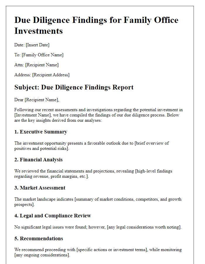 Letter template of due diligence findings for family office investments