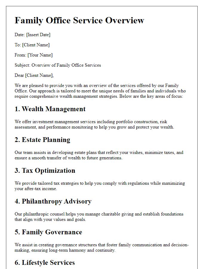 Letter template of family office service overview