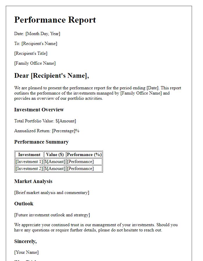 Letter template of performance report for family office investments