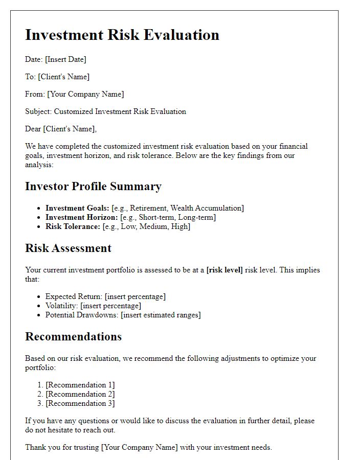 Letter template of customized investment risk evaluation