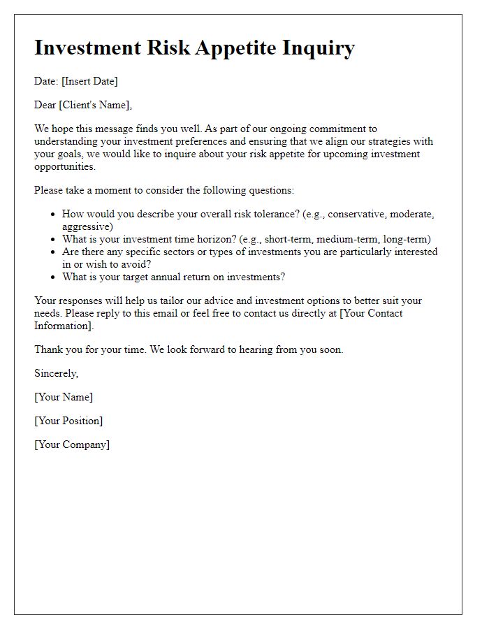 Letter template of investment risk appetite inquiry