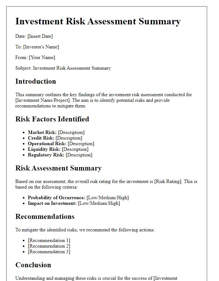 Letter template of investment risk assessment summary