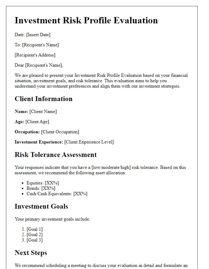 Letter template of investment risk profile evaluation