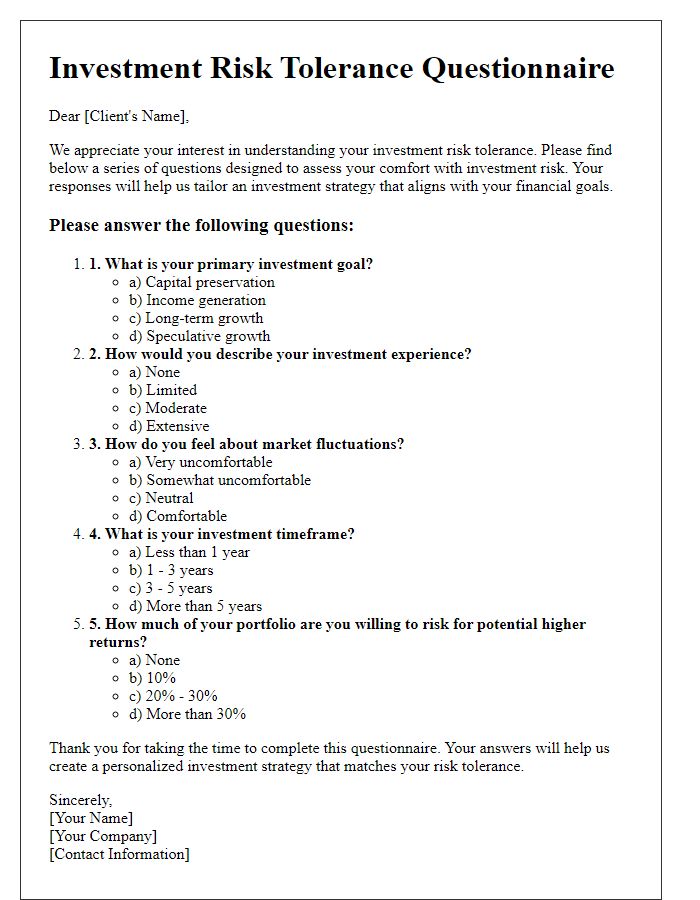 Letter template of investment risk tolerance questionnaire