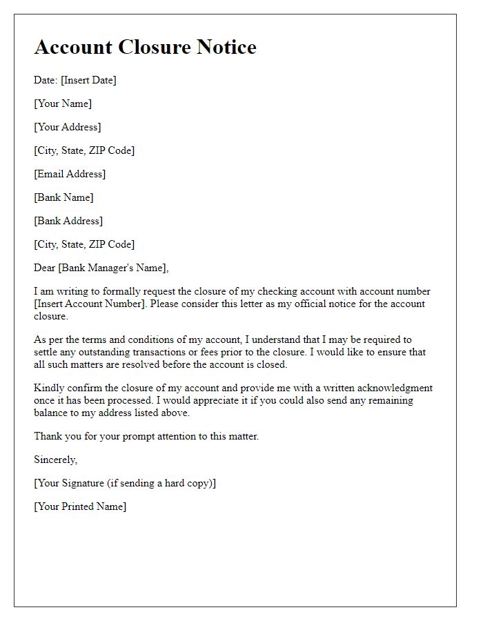 Letter template of account closure notice for a checking account.