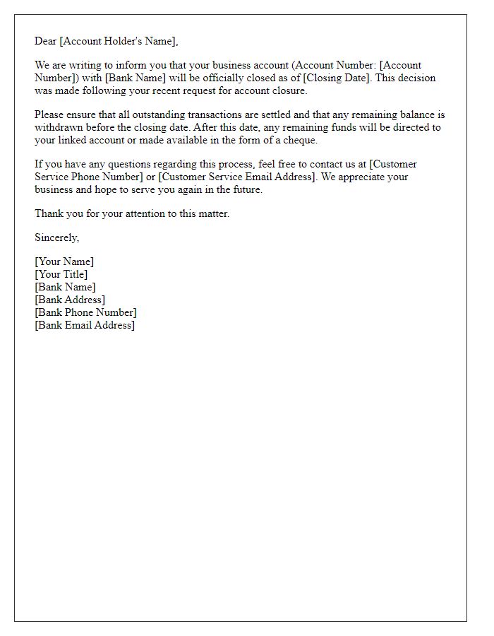 Letter template of account closure notification for business account.