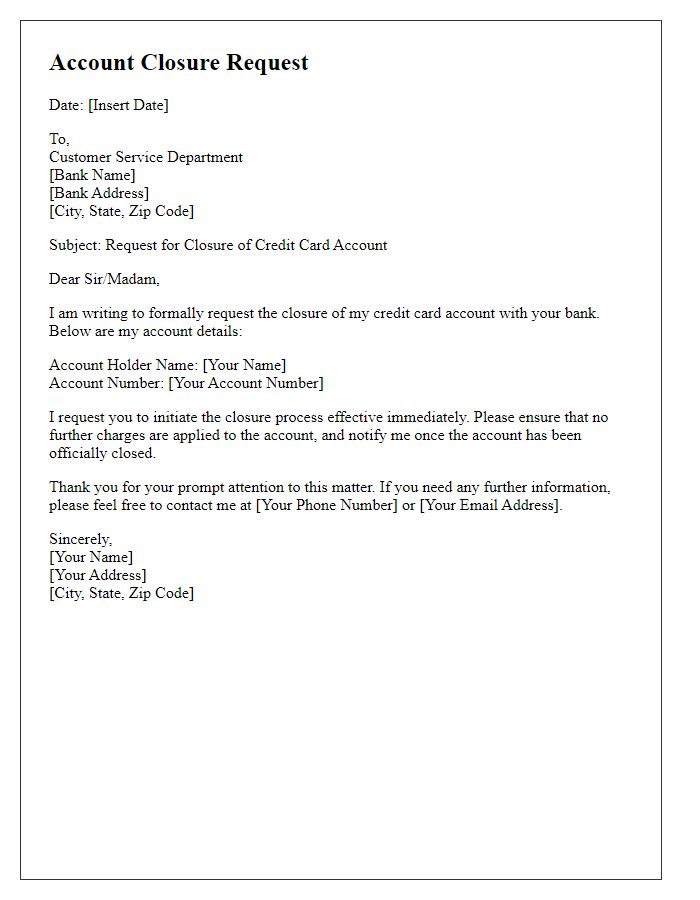 Letter template of account closure procedure for a credit card account.