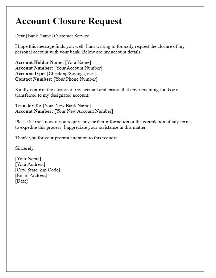 Letter template of account closure request for personal account.