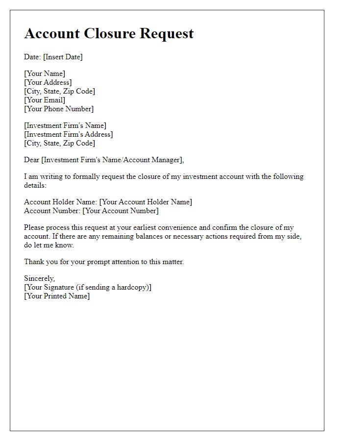 Letter template of account closure submission for an investment account.