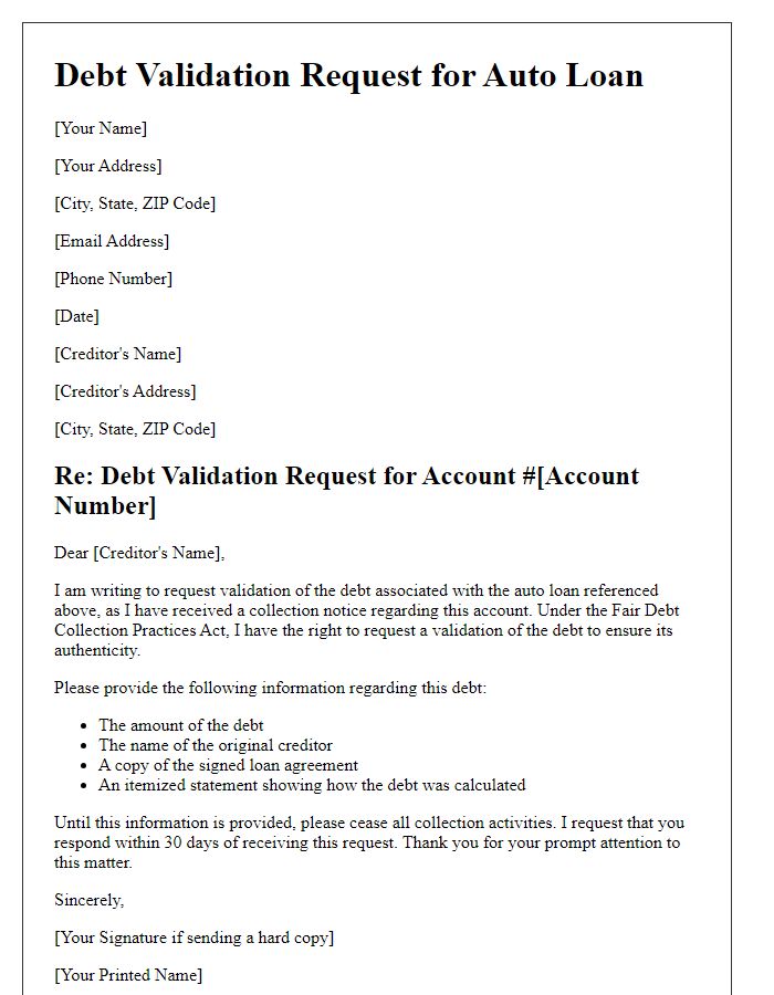 Letter template of debt validation request for auto loans.