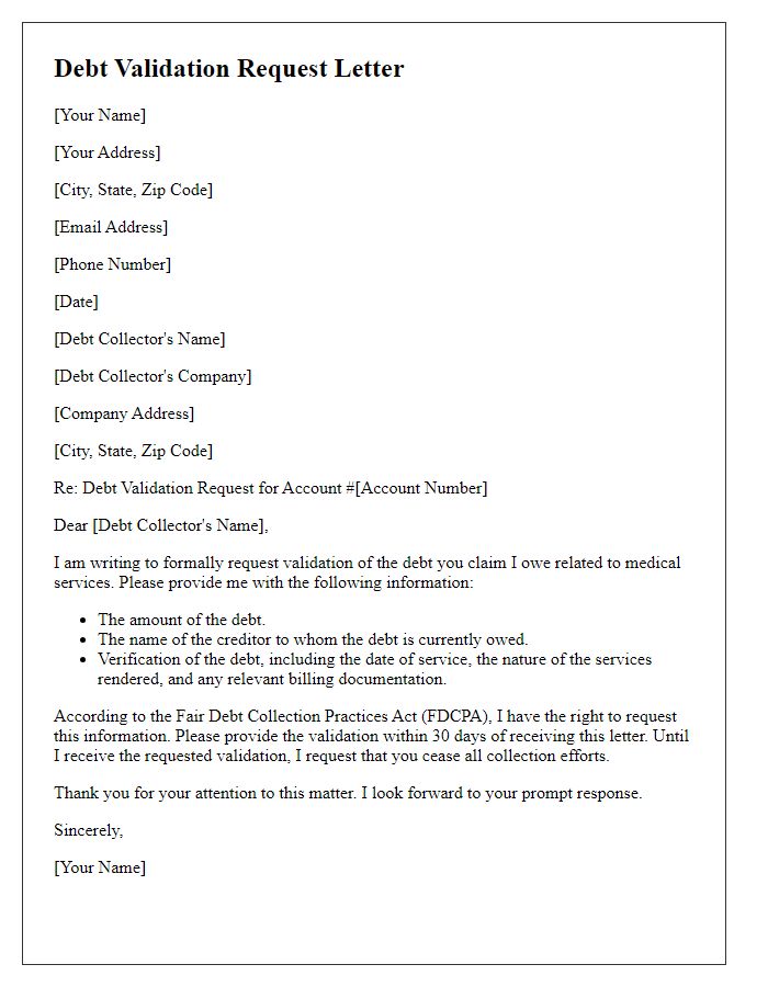 Letter template of debt validation request for medical bills.