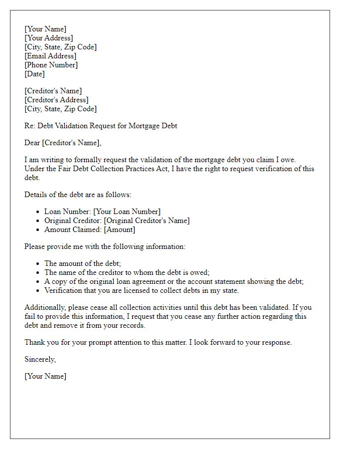 Letter template of debt validation request for mortgage debt.