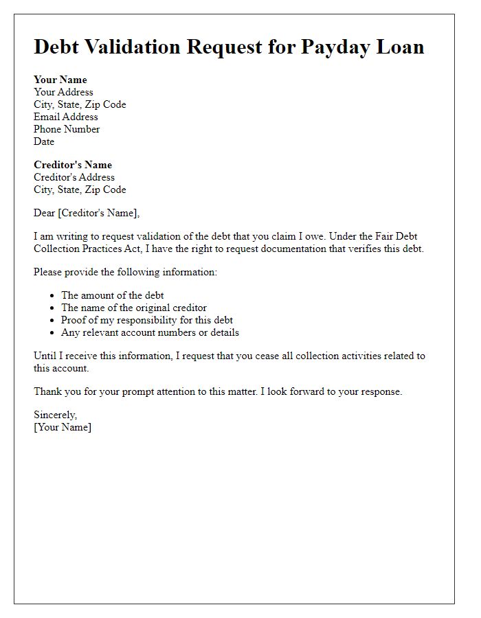 Letter template of debt validation request for payday loans.