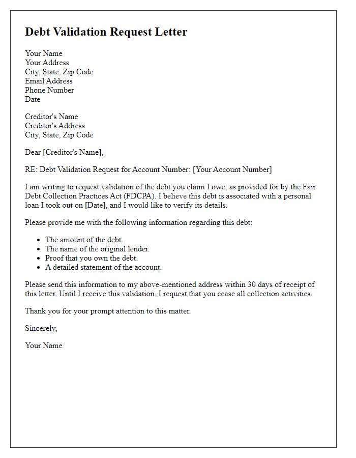 Letter template of debt validation request for personal loans.