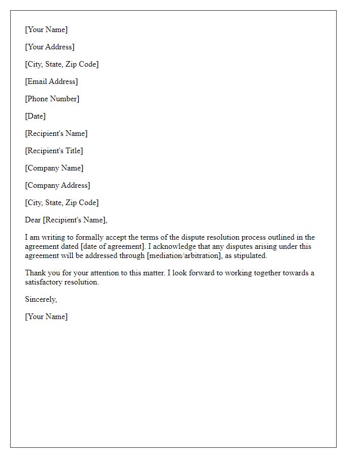 Letter template of acceptance of dispute resolution terms.