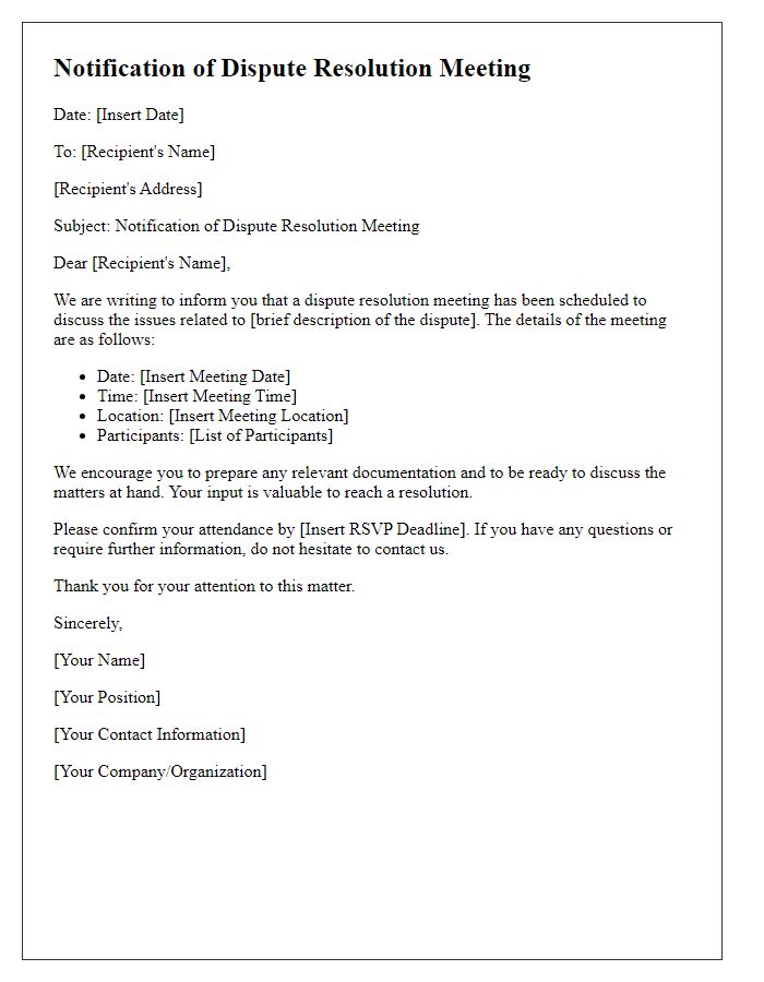 Letter template of notification of dispute resolution meeting.