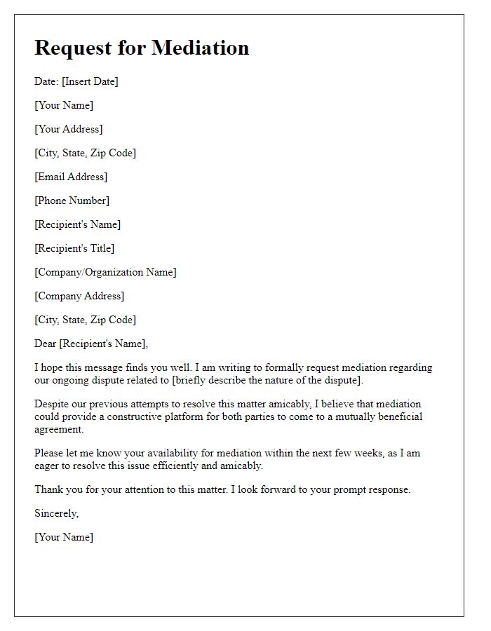 Letter template of request for mediation in dispute resolution.