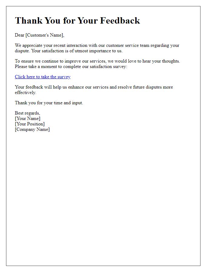 Letter template of satisfaction survey after dispute resolution.