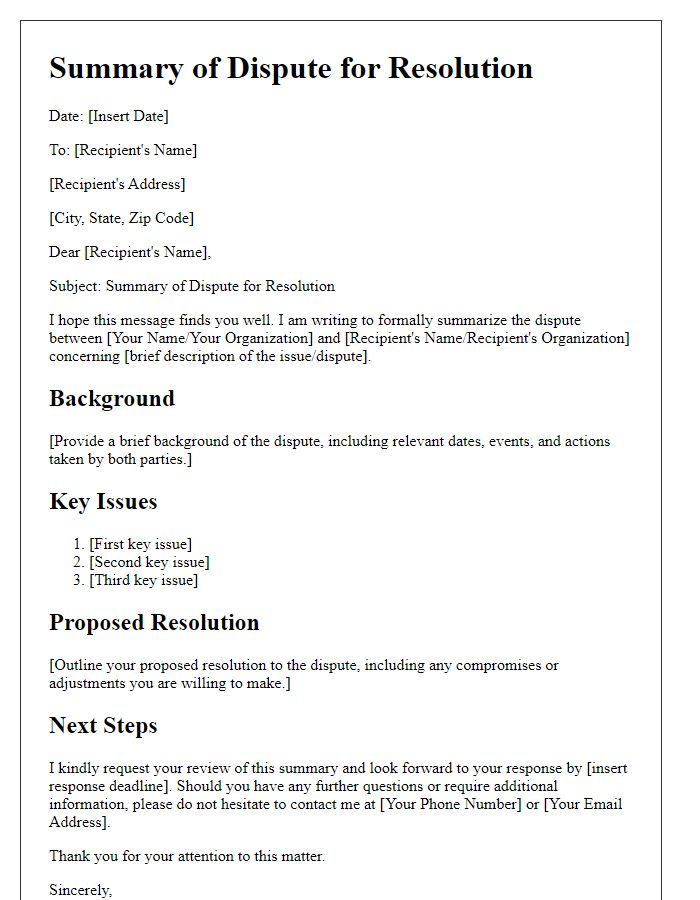 Letter template of summary of dispute for resolution.