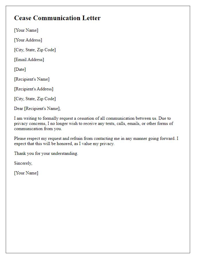 Letter template of cease communication for privacy concerns