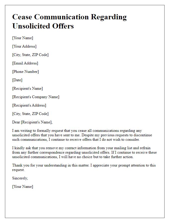 Letter template of cease communication regarding unsolicited offers