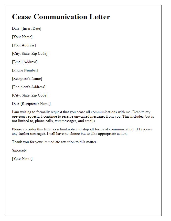 Letter template of cease communication for unwanted messages