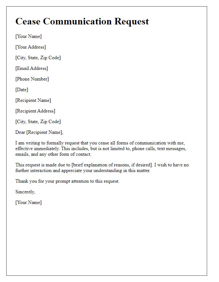 Letter template of formal cease communication request