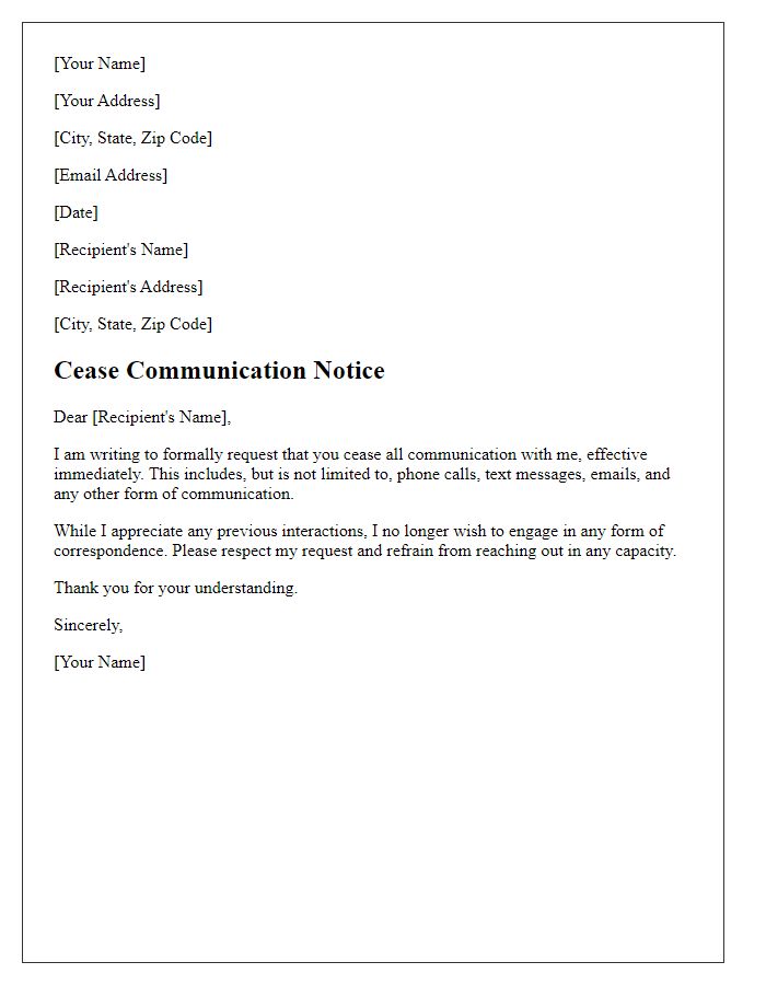 Letter template of personal cease communication notice