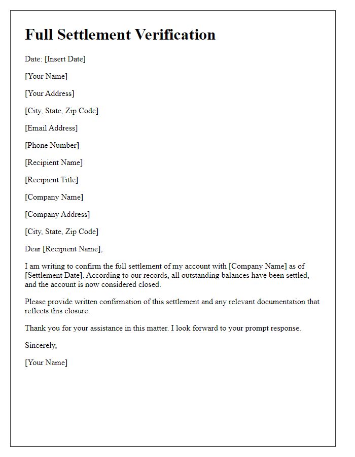 Letter template of Full Settlement Verification